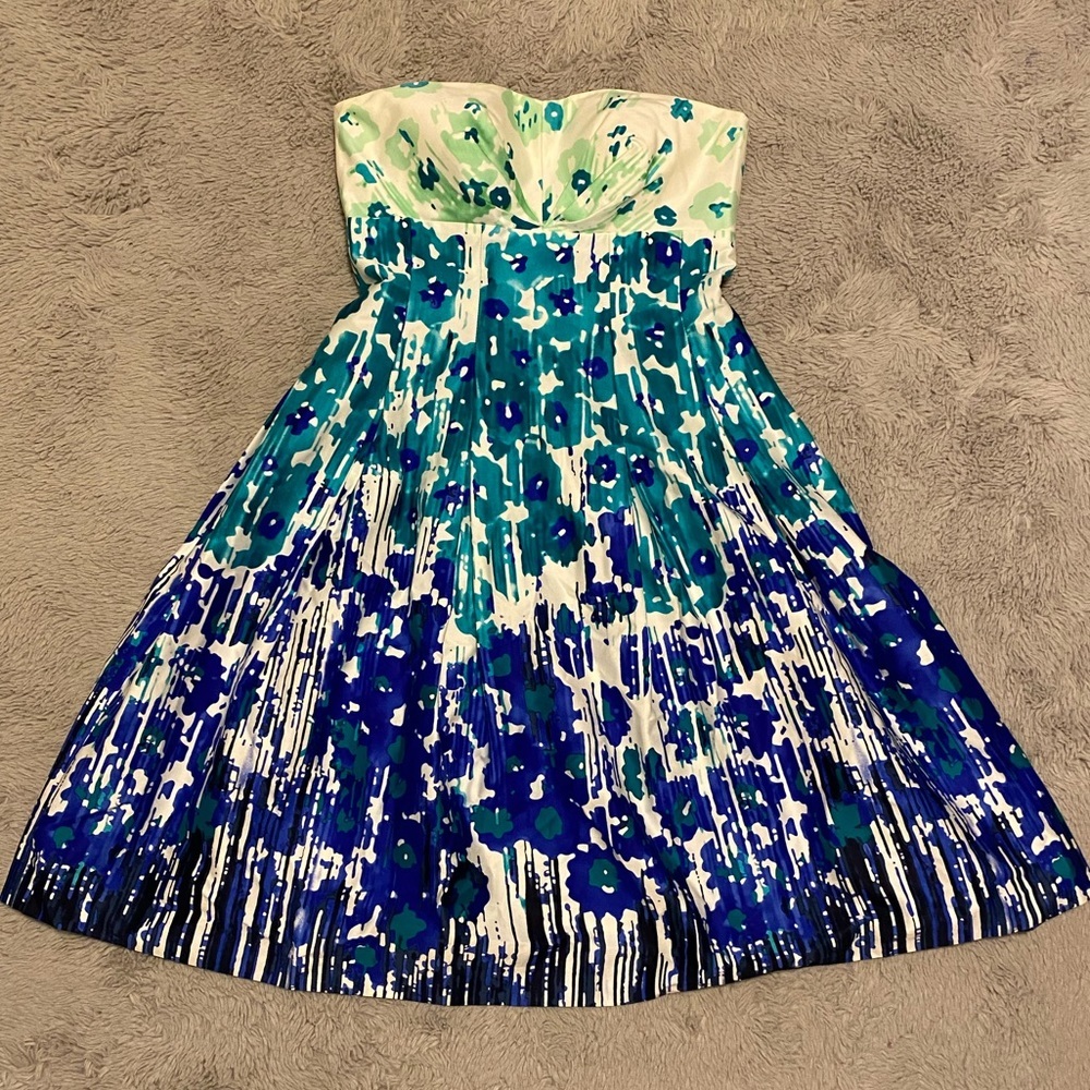 Floral Blue Watercolor Strapless Dress